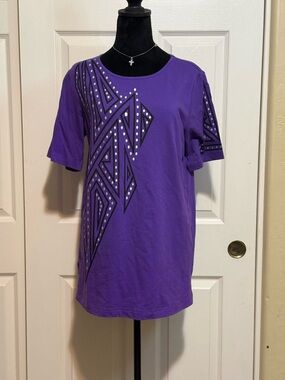 Vintage Bob Mackie Purple Geometric Studded Short Sleeve Tee